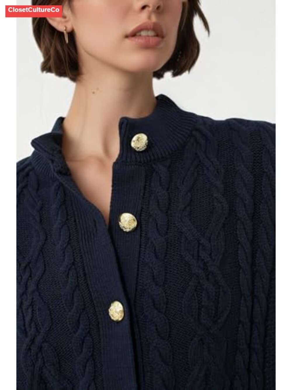 Cable Knit Cardigan Sweater Button Down Cropped Bishop Sleeve - Picture 5 of 6